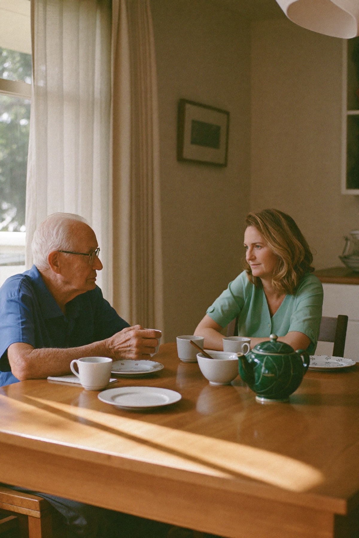 An older man and his regular carer laughing together over morning tea at a timber kitchen table.