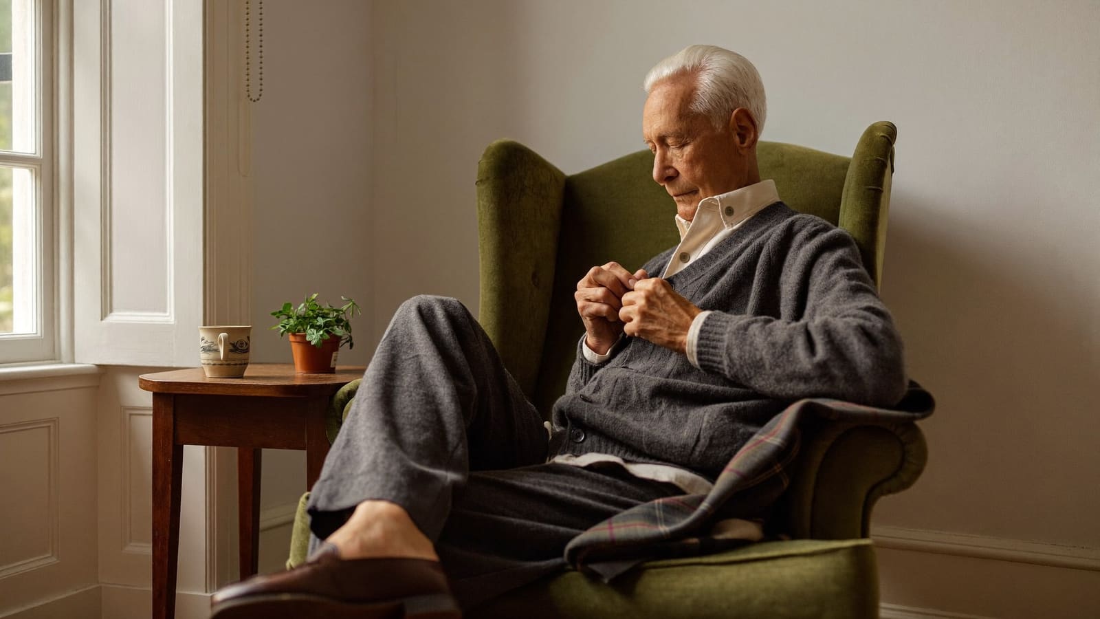 An older man seated in a wing-backed armchair by a window, doing up the buttons of a grey wool cardigan with slow deliberate care.