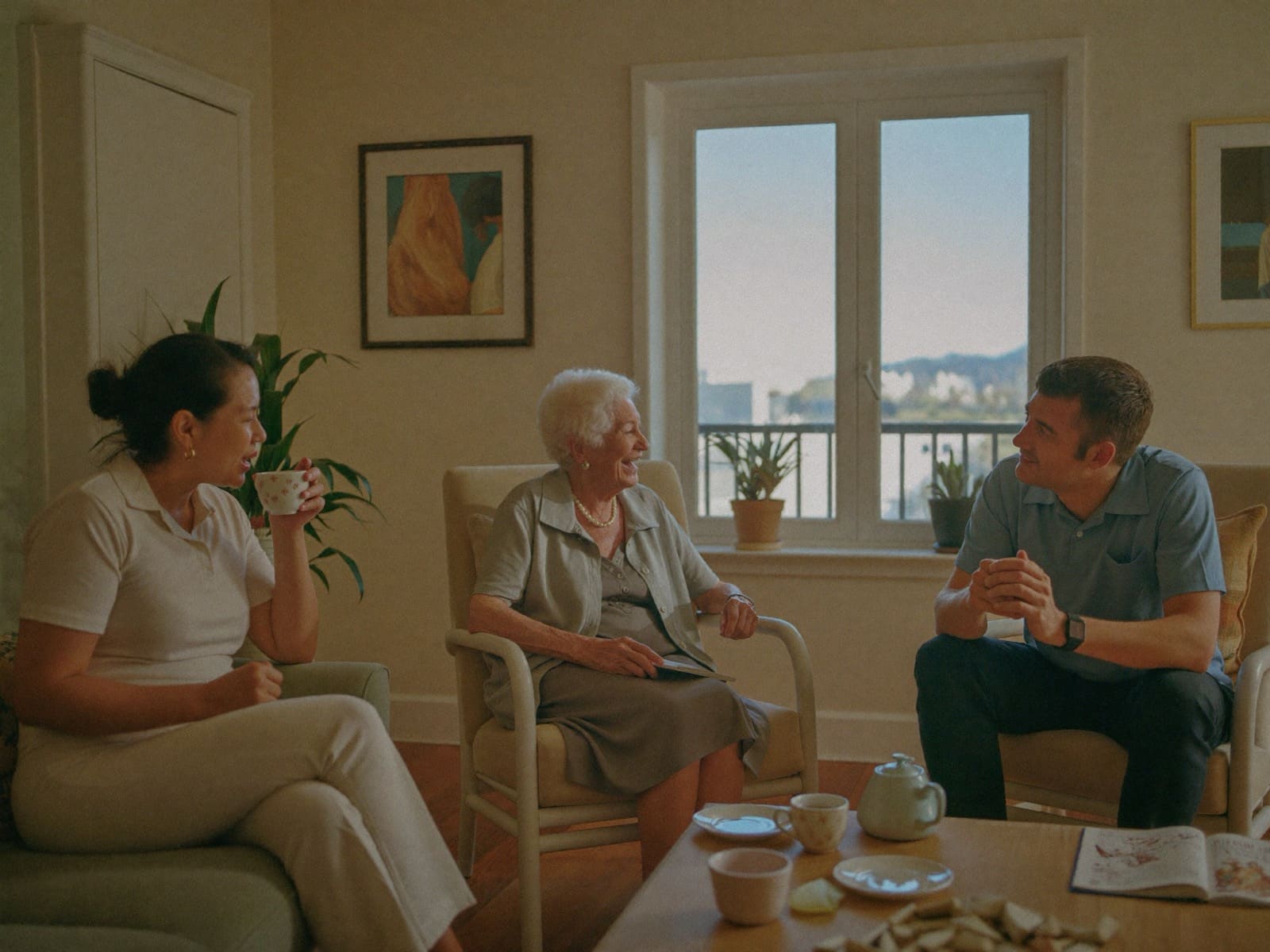 An older woman relaxed in her living room with her two regular carers, talking over tea.