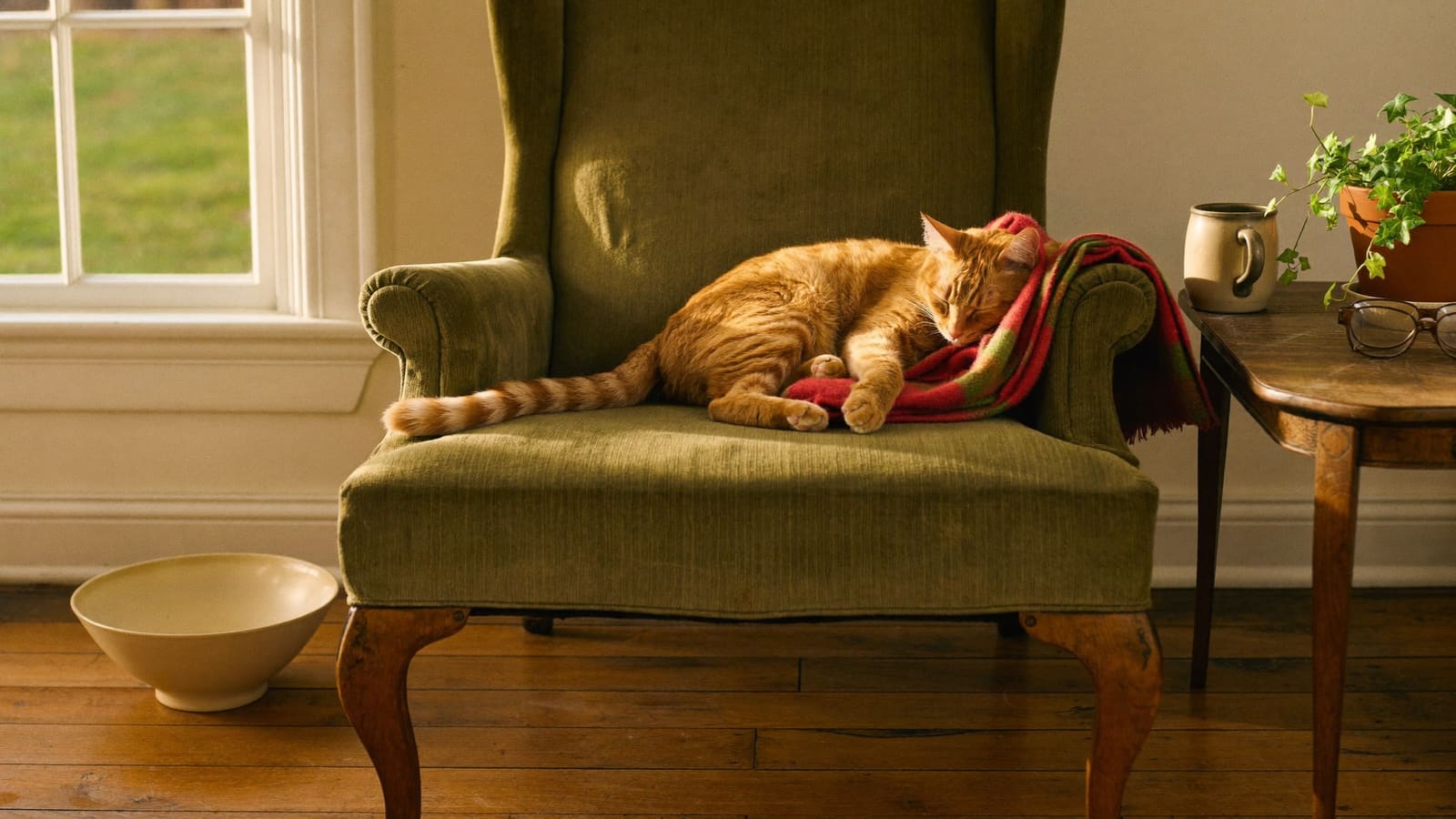 A ginger cat asleep on a folded tartan blanket at the end of a worn green armchair, with a shallow cream bowl on the floorboards nearby.