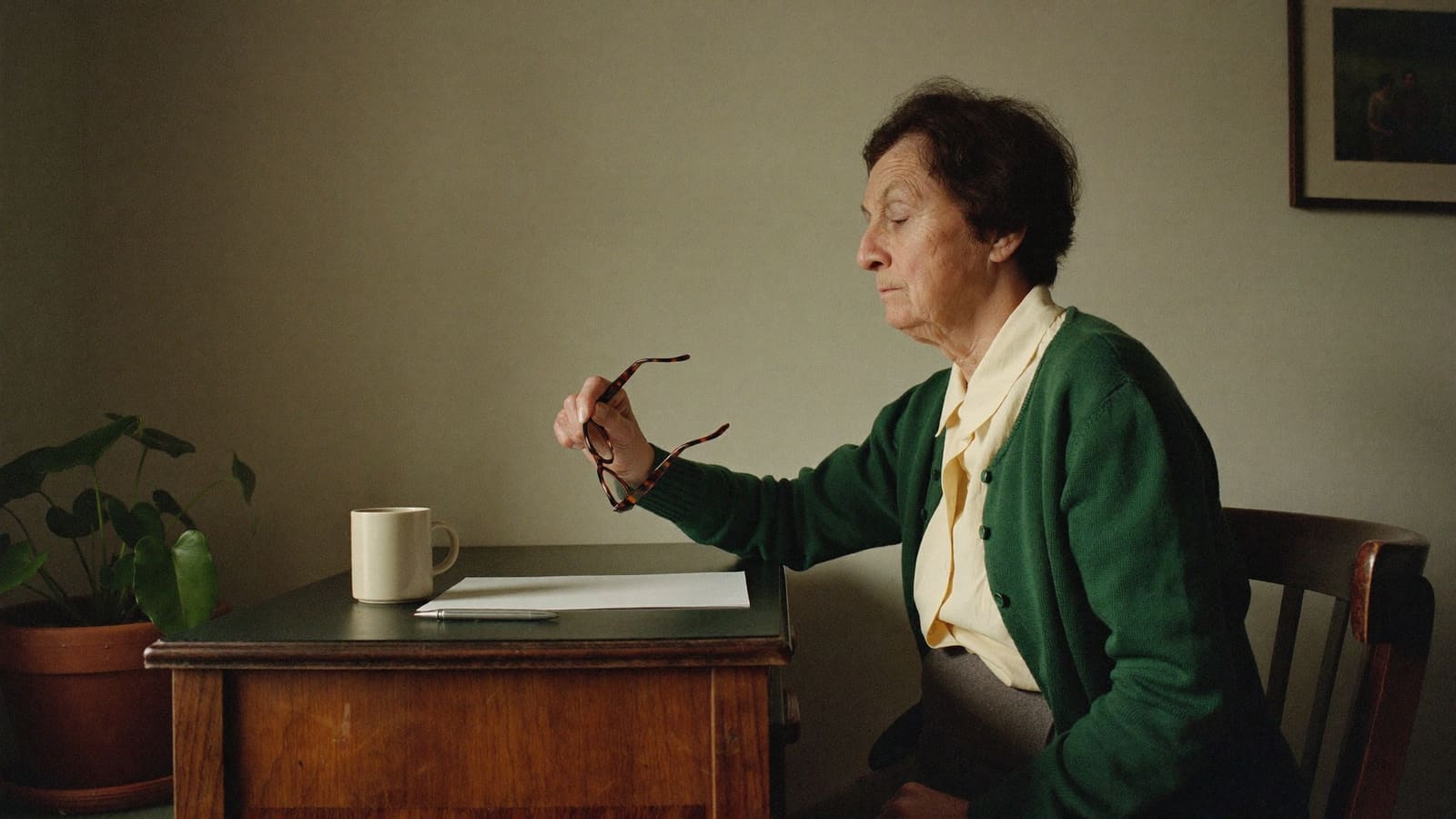 An older woman sitting at a writing desk with her reading glasses in her hand, pausing to think.