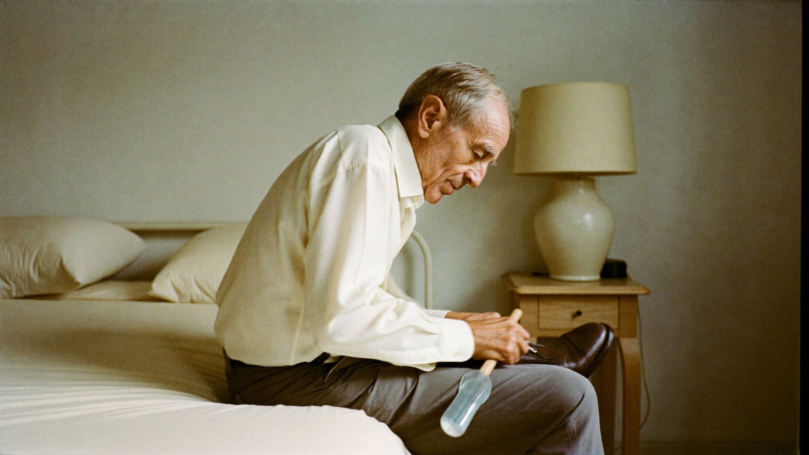 An older man sitting on the edge of his bed using a long-handled shoehorn to put on a shoe.