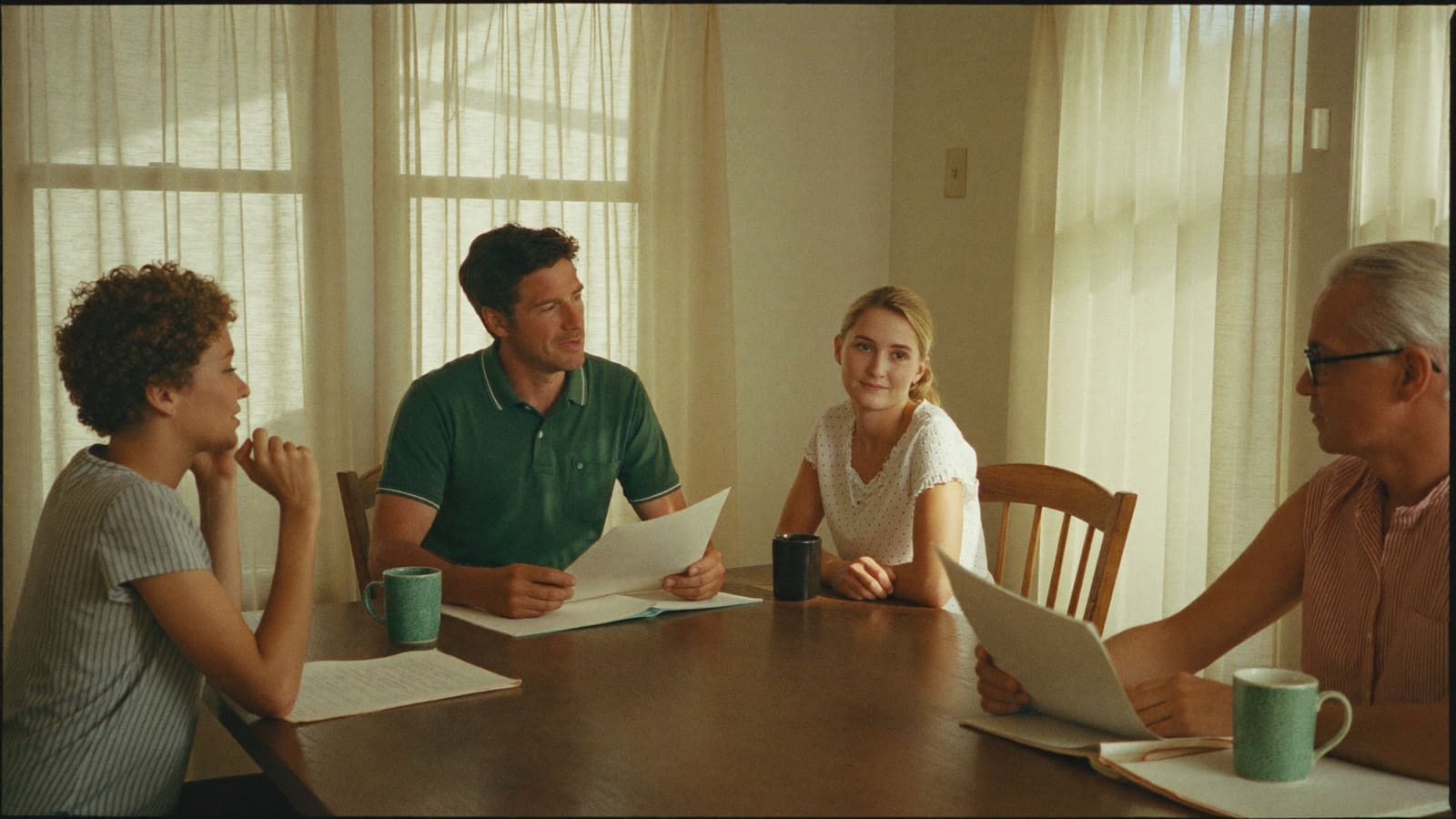Three adult children and their father talking around a dining table, papers and mugs between them.