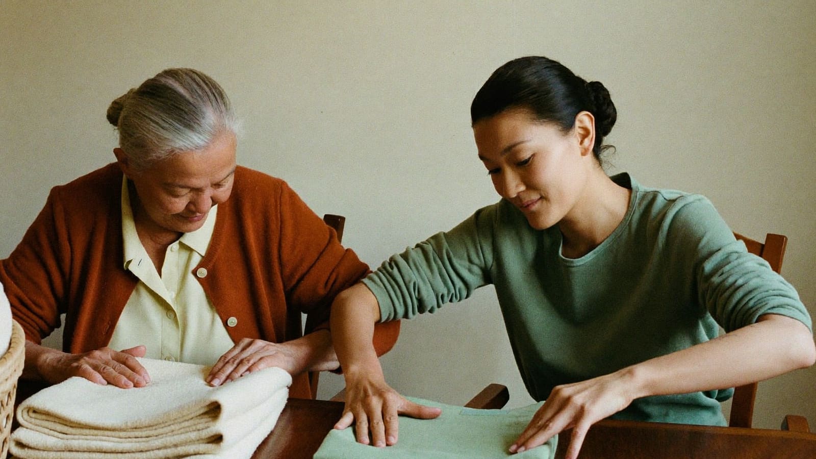 An older woman and a younger woman folding clean towels together at a dining table in a suburban home.