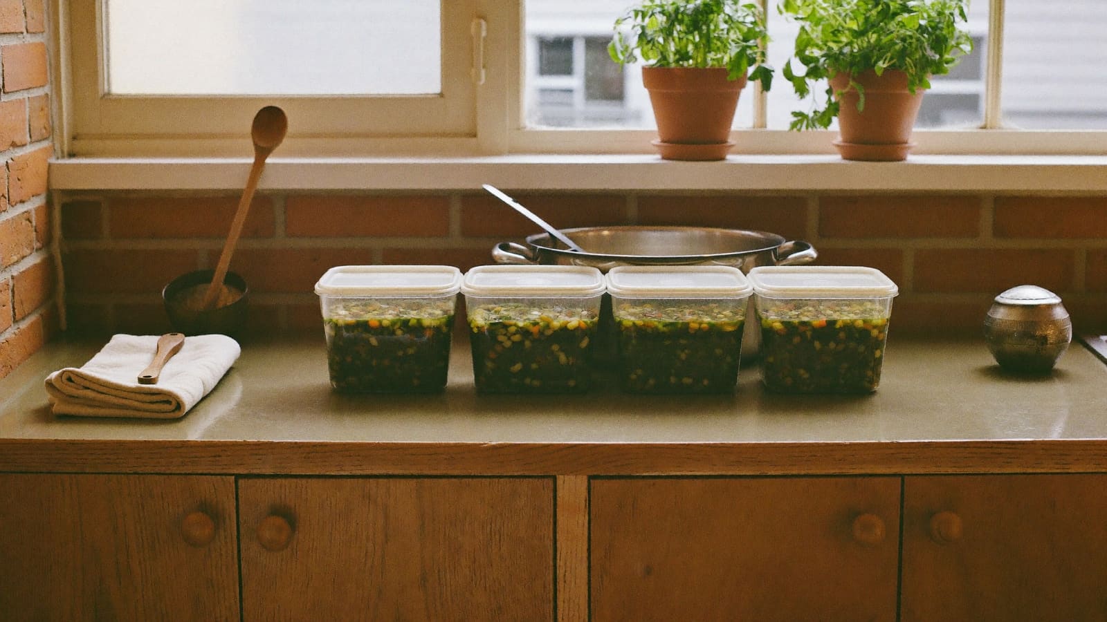 Glass containers of soup lined up on a kitchen bench beside a pot and ladle, ready to go into the freezer.
