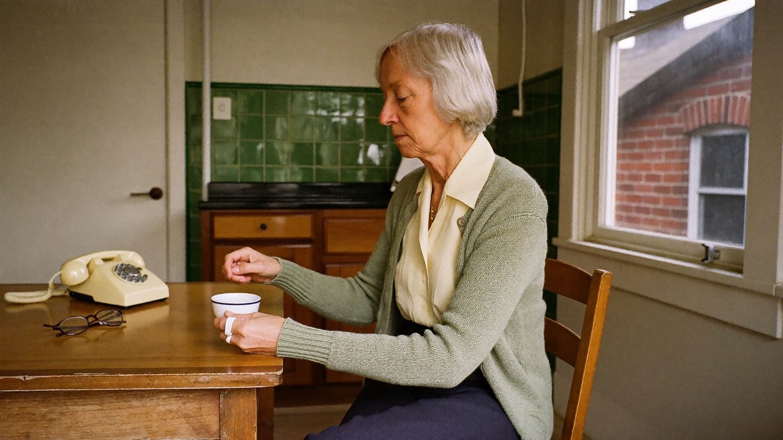 An older woman in a green cardigan sits alone at a timber kitchen table with a cup of tea, a cream rotary phone and reading glasses beside her.
