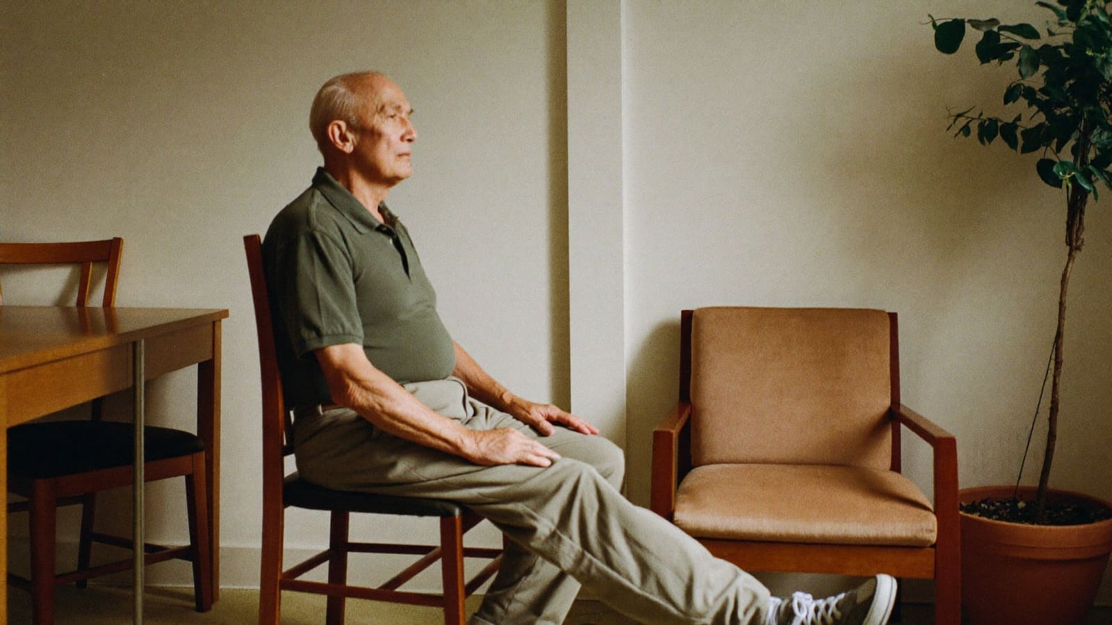 An older man sitting upright on a dining chair in his living room, part way through a gentle seated exercise.