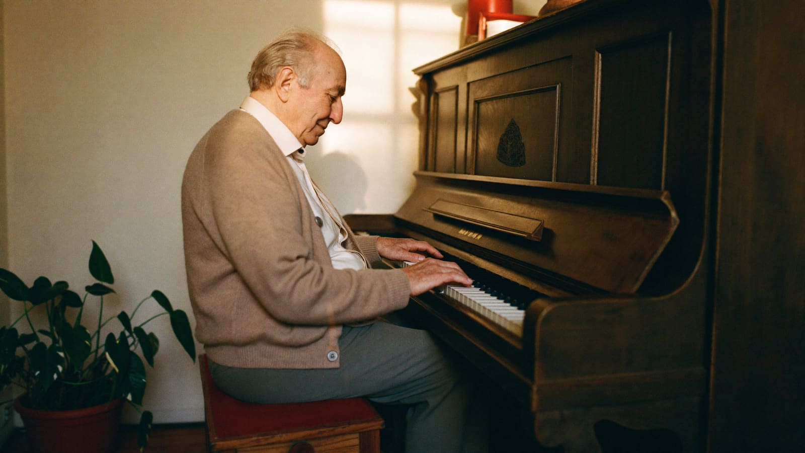 An older man sitting at an upright piano in his living room, playing quietly to himself.