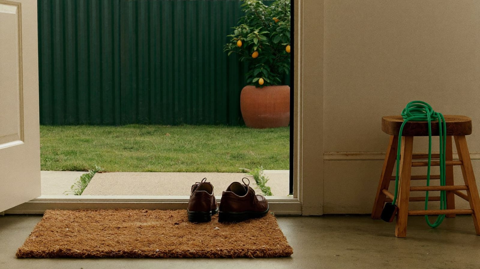 A pair of brown lace-up walking shoes on a coir doormat at an open back door, looking out to a mown lawn, a deep green Colorbond fence and a lemon tree in a terracotta pot.