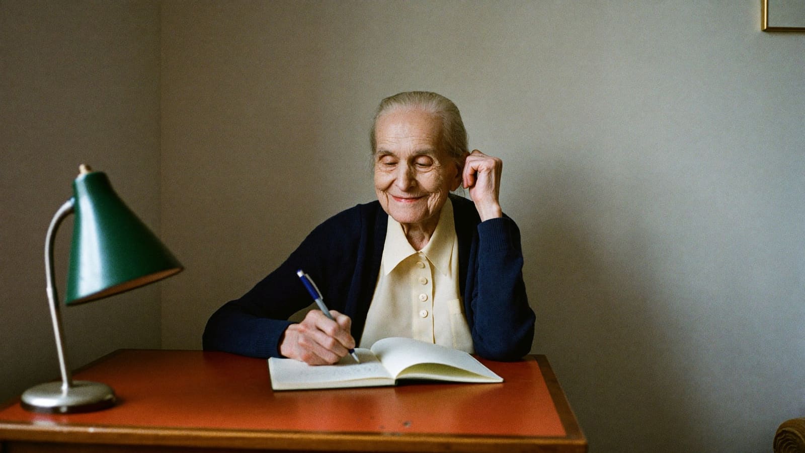 An older woman in a navy cardigan and cream blouse sitting at a small timber writing desk under a green lamp, pen in hand over an open notebook.